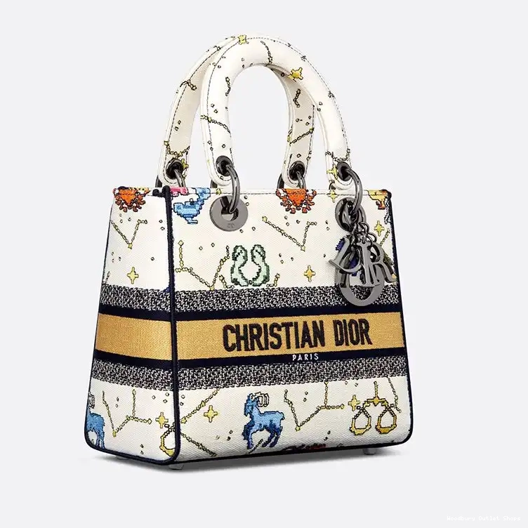Cheap Pixel Motif D-lite Bag Medium White Lady Canvas Zodiac 0405 Hot Sale